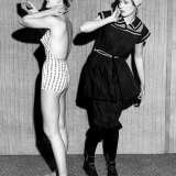 The Leisure and Pleasure in Wool Show at the Savoy Hotel.1951 swimuit in striped wool suede, with lettering interwoven within the stripes seen with a 1903 style swimsuit.28 April 1950