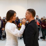 Laima Kreivytė, Inga Galinytė ir Denisas Kolomyckis, performansas „Fluqus vedybos. Kentauro gimimas”. Donato Bielkausko nuotr.